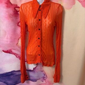 Ganni Orange Sheer Button-Up Blouse